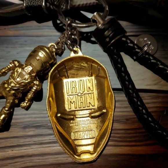 8" Red/Gold Metal Iron Man Mask Keychain, Leather Braided Strap - NEW! - Picture 2 of 2